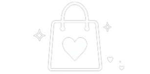 A stylized shopping bag with a heart and sparkles for Hello Bestie exclusive merchandise.